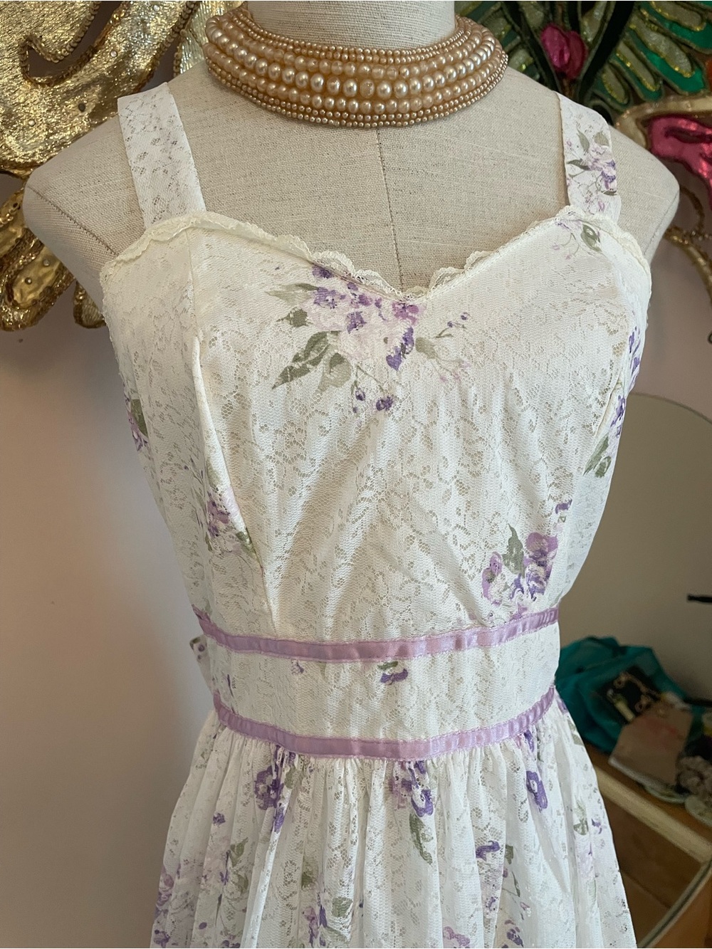 Vintage 1970s Lavender and White Lace Floral Maxi Garden Party Bridesmaid Dress - Picture 2 of 11